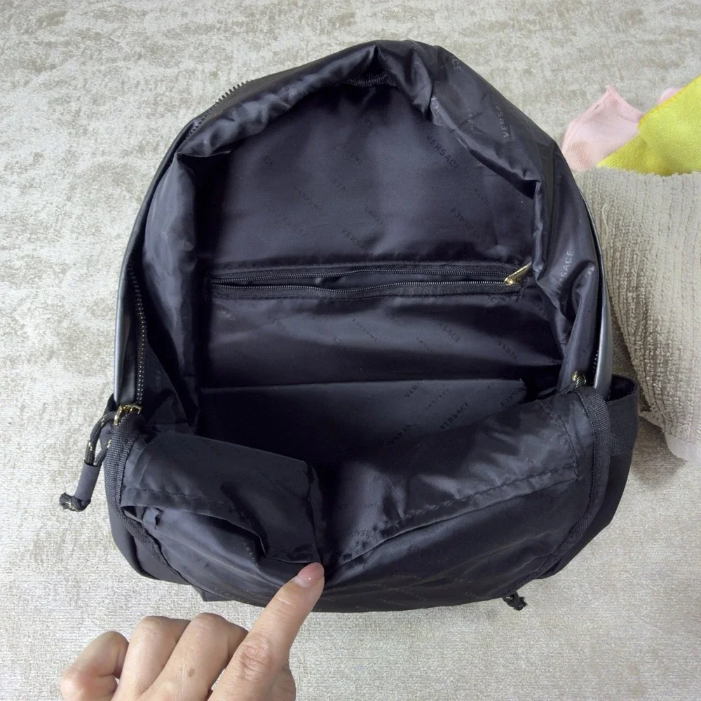Versace Black Backpack Zip Closure Greek Key Straps Designer Casual Men